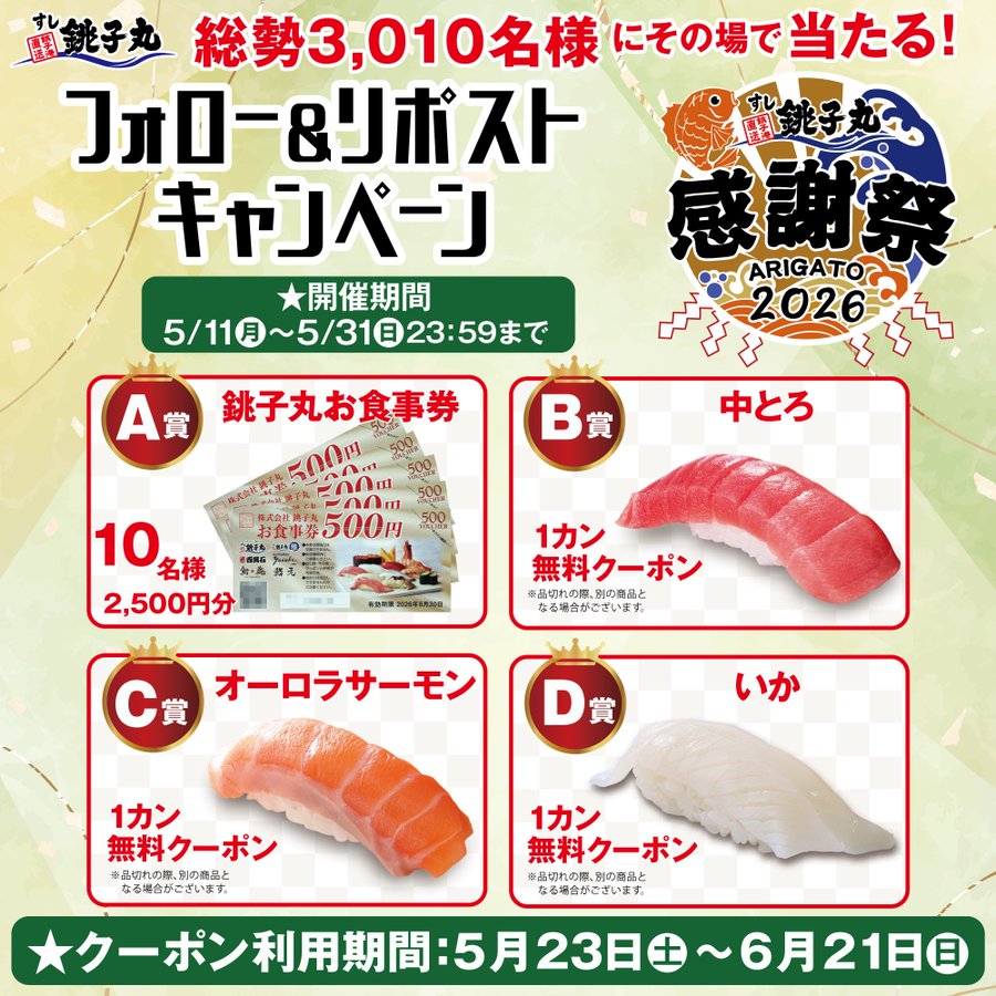 すし銚子丸のお食事券・無料クーポンが総勢3,010名にその場で当たる