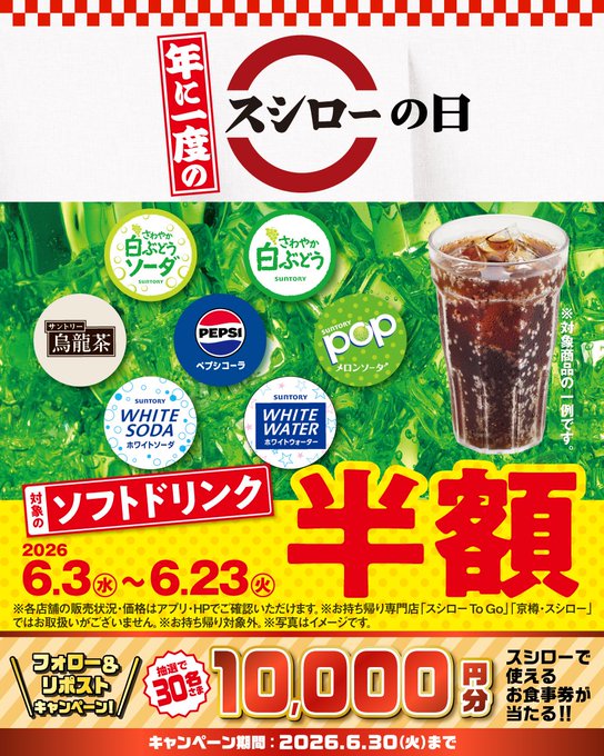 スシローのお食事券1万円分が30名に当たる懸賞