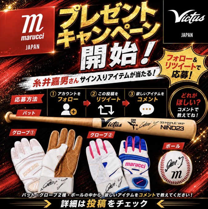 Marucci Japanの糸井嘉男さんサイン入りバットなどが4名に当たる懸賞