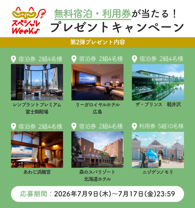 じゃらんのホテル宿泊券・施設利用券が15組30名に当たる懸賞
