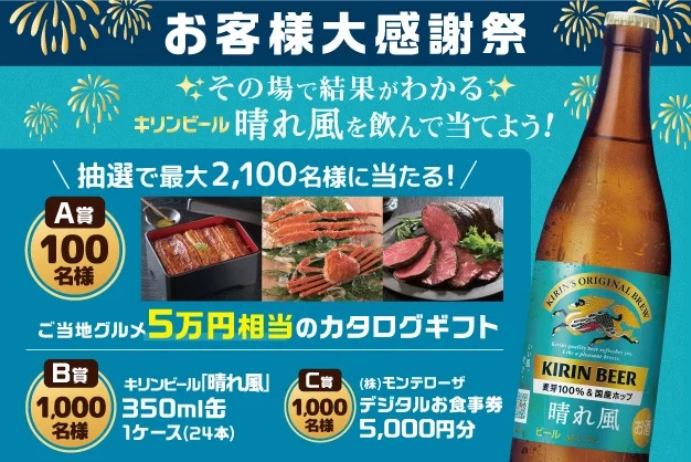 モンテローザで晴れ風を飲むとカタログギフトや食事券が合計2,100名に当たる懸賞