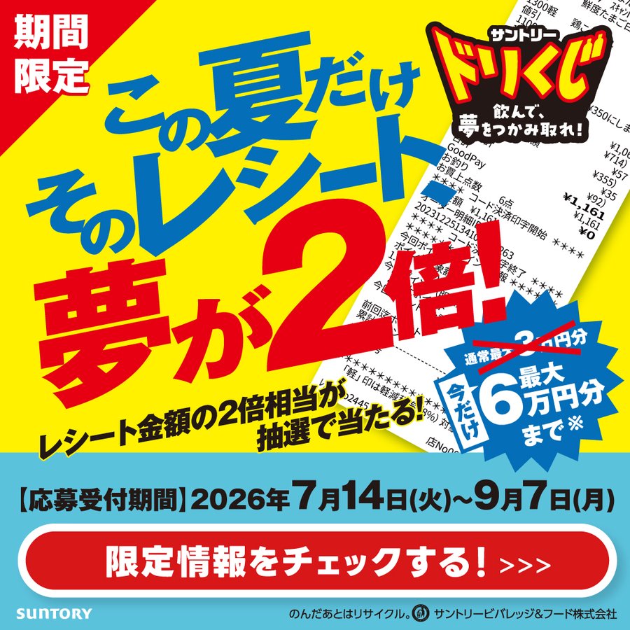 サントリー ドリくじでギフトPAY最大6万円分などが当たる懸賞